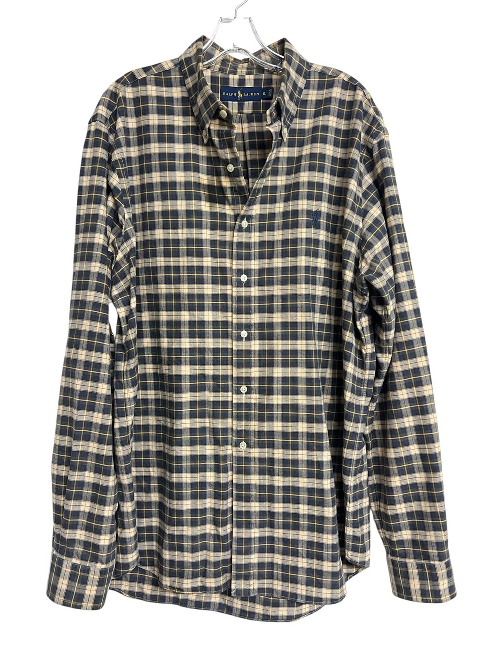 Mens Ralph Lauren Navy and Cream Plaid Long-Sleeve Button-Down Shirt XL